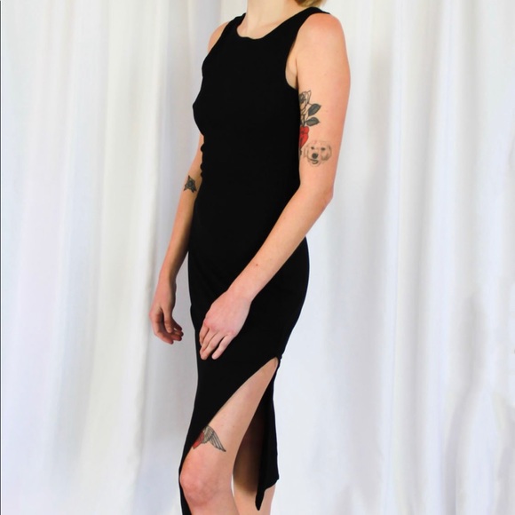 black ribbed midi dress high leg slit backless - Picture 6 of 9